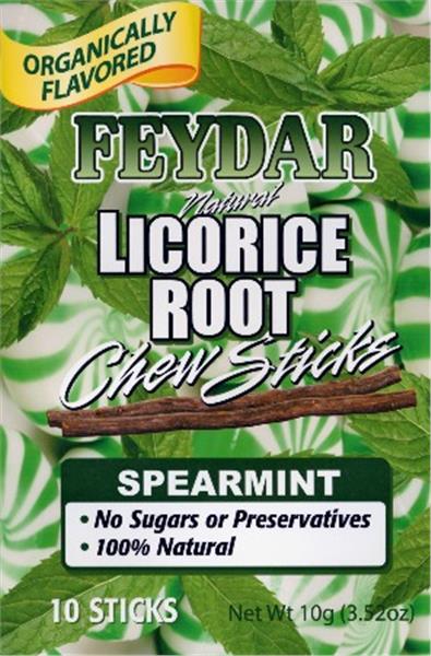 Organically flavored spearmint chew sticks licorice roots