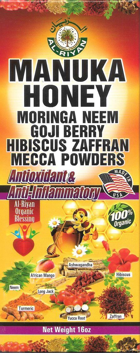 Manuka Honey, Moringa, Neem, Goji Berry, Hibiscus, Saffron and Mecca Powders