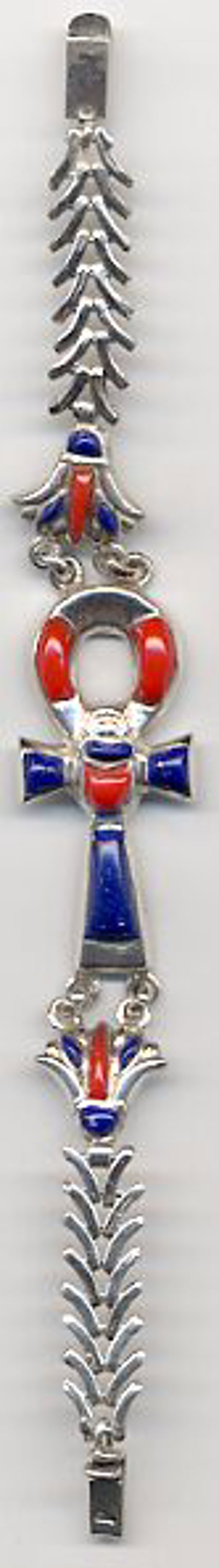 Silver Ankh and Lotus Bracelet Inlayed with Colored Stones